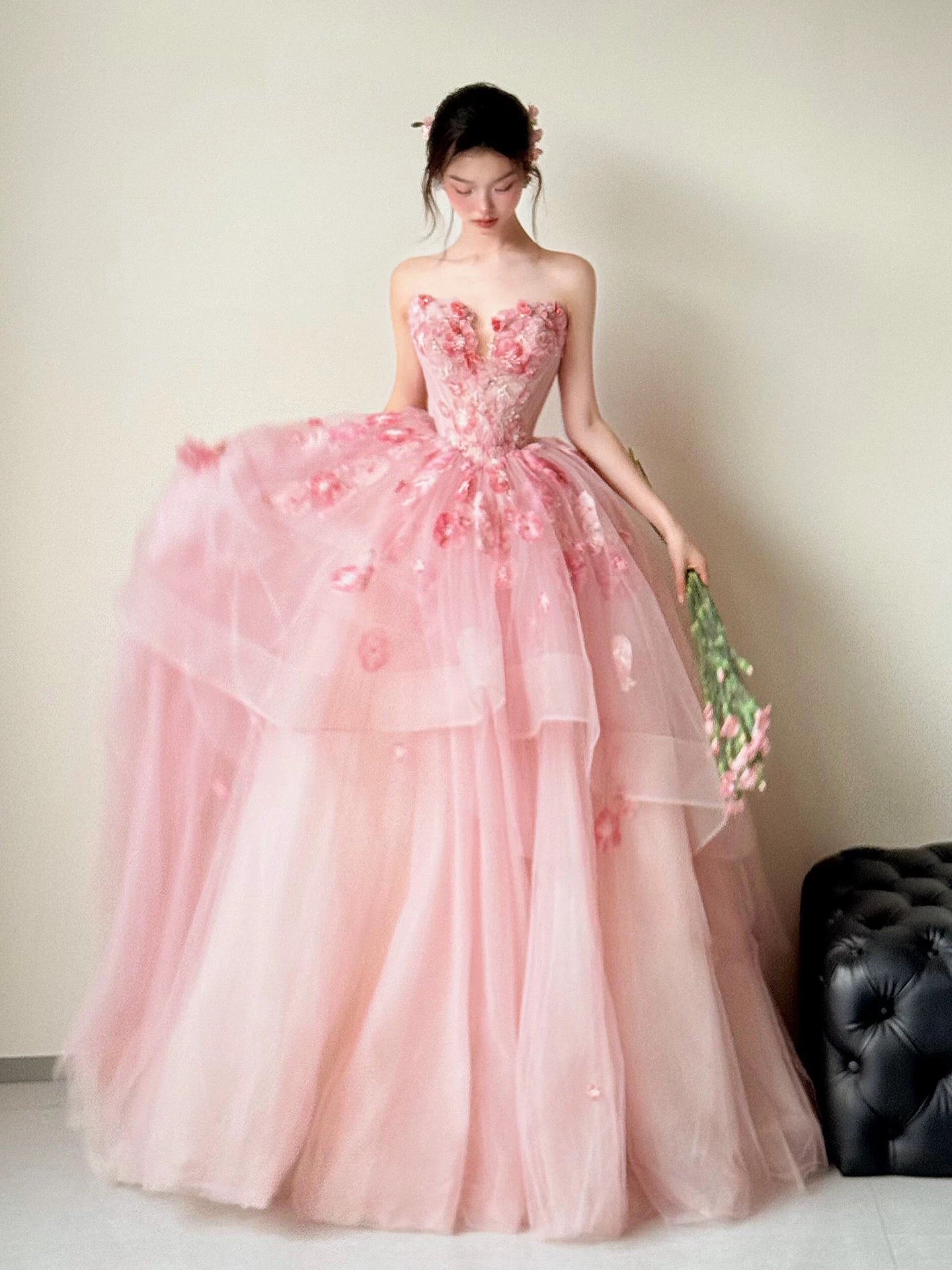 Cute Prom Dress Ball Gown Sweetheart Pink With Appliqued Long Quinceanera Dresses Sweet 16 Dress Formal Outfits RB5260