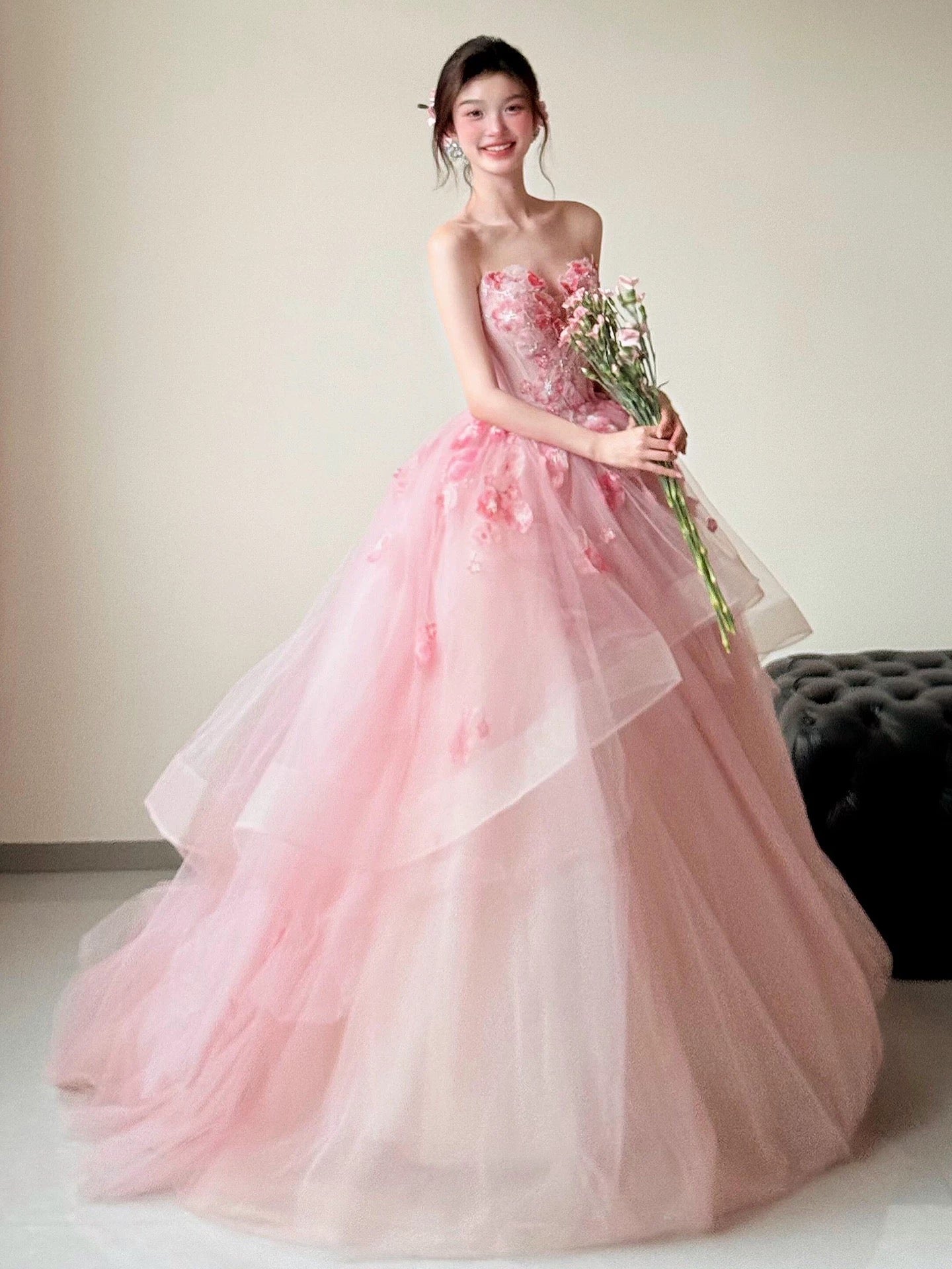 Cute Prom Dress Ball Gown Sweetheart Pink With Appliqued Long Quinceanera Dresses Sweet 16 Dress Formal Outfits RB5260