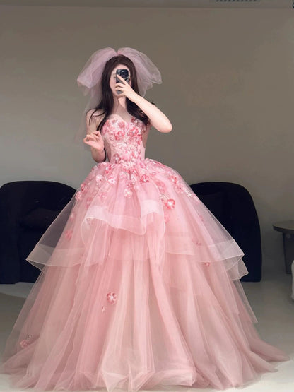 Cute Prom Dress Ball Gown Sweetheart Pink With Appliqued Long Quinceanera Dresses Sweet 16 Dress Formal Outfits RB5260