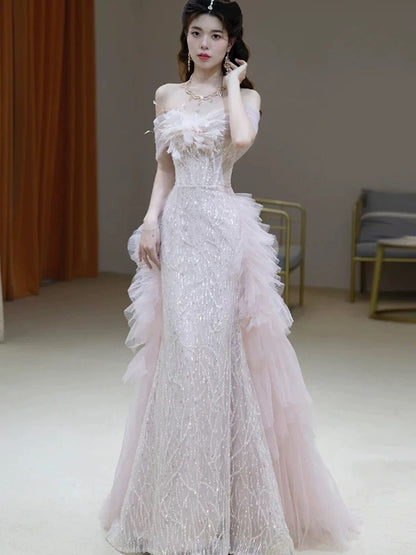 Unique Women's Mermaid Off The Shoulder Tulle Pink Sequined Date Night Outfits Outdoor Semi Formal Prom Wedding Guest Dresses RB5261