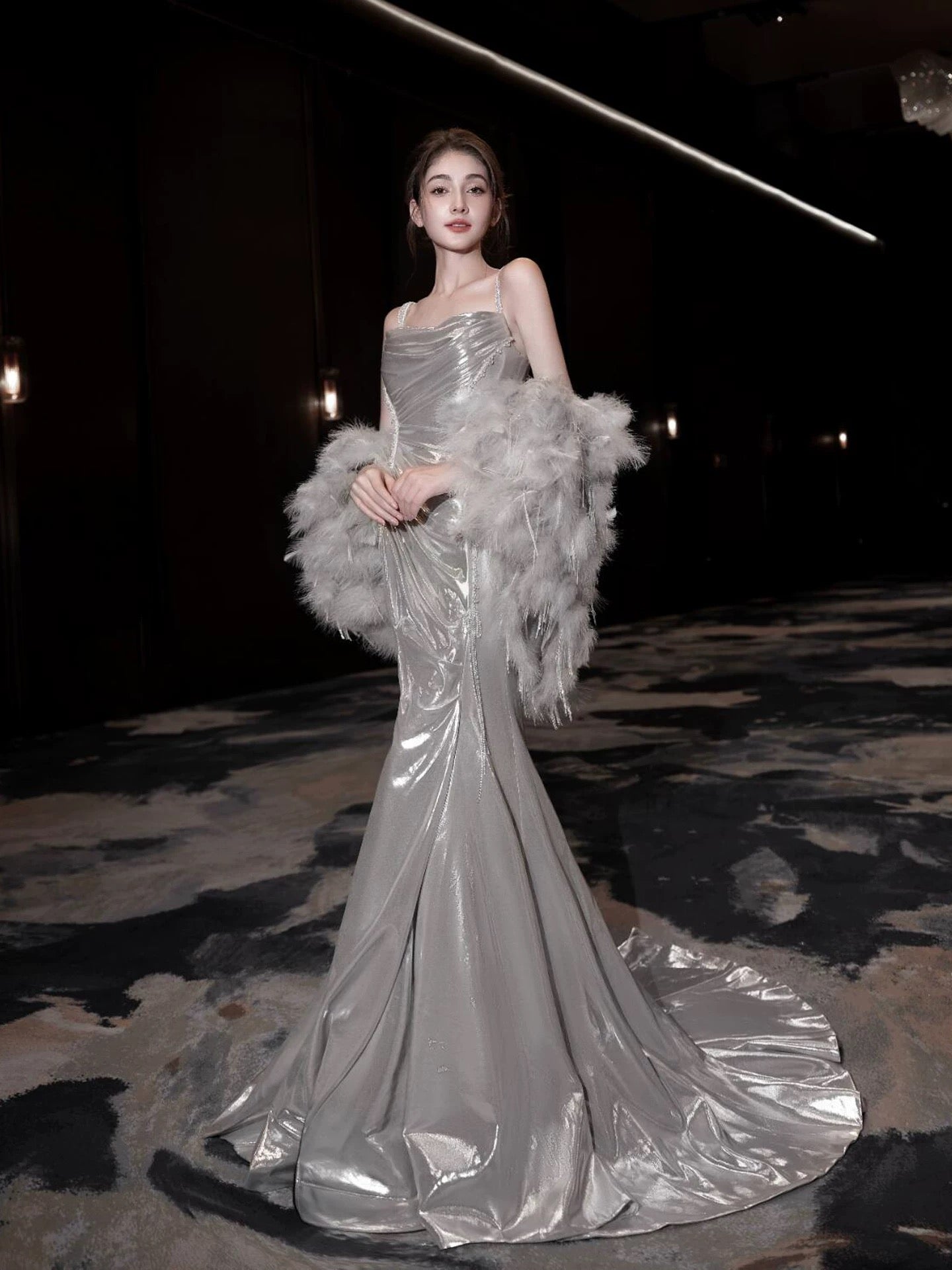 Flamboyant Women's Mermaid Spaghetti Strap With Cape Maxi Dress Date Night Evening Outfit Formal Prom Dresses RB5263
