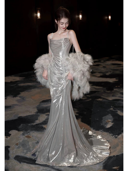 Flamboyant Women's Mermaid Spaghetti Strap With Cape Maxi Dress Date Night Evening Outfit Formal Prom Dresses RB5263
