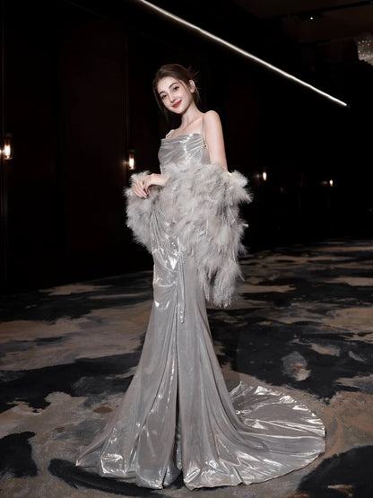 Flamboyant Women's Mermaid Spaghetti Strap With Cape Maxi Dress Date Night Evening Outfit Formal Prom Dresses RB5263