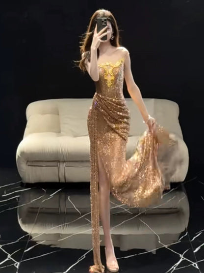 Sparkly Mermaid Strapless Gold Sequined With High Split Long Prom Evening Dresses Inspo Evening Outfits RB5194