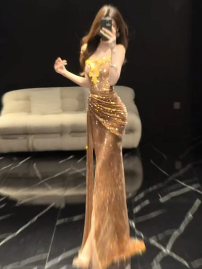 Sparkly Mermaid Strapless Gold Sequined With High Split Long Prom Evening Dresses Inspo Evening Outfits RB5194