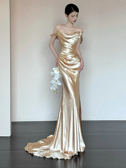 Unique Women's Mermaid Off The Shoulder Gold Maxi Dress Date Night Outfits Semi Formal Prom Dresses RB5196