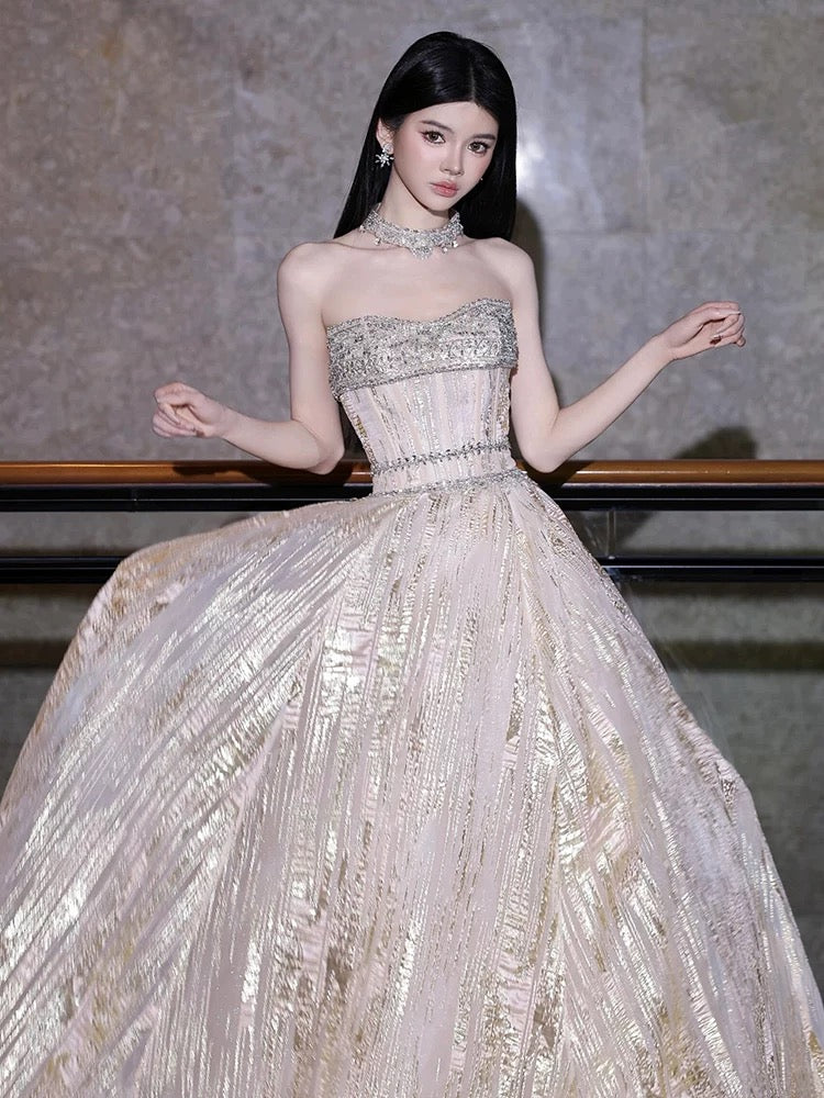 Sparkly A Line Strapless Gold Sequined With Silver Beading Long Prom Evening Dresses Inspo Evening Outfits RB5197