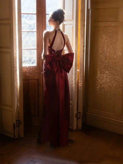 Sparkly Mermaid High Neck Burgundy Sequined With Silver Beading Long Prom Evening Dresses Inspo Evening Outfits RB5198