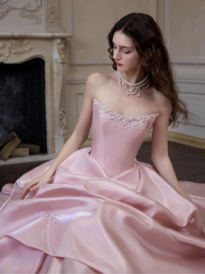 Cute Prom Dress Ball Gown Strapless Pink With Beads Floor Length Quinceanera Dresses Evening Formal Outfits RB5199