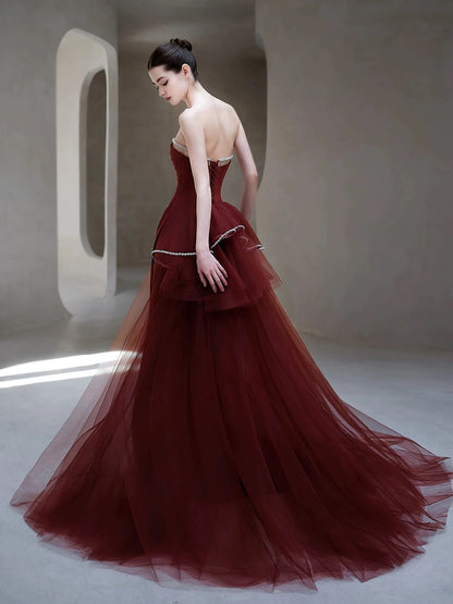 Classy Women's Mermaid Strapless Burgundy Tulle Maxi Dress Date Night Outfits Semi Formal Prom Dresses RB5200