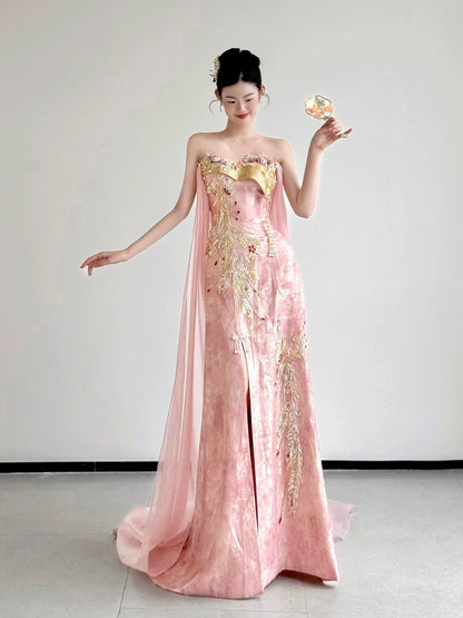 Classy Women's Mermaid Sweetheart Pink Satin Slit Maxi Dress Date Night Outfits Semi Formal Prom Dresses RB5202