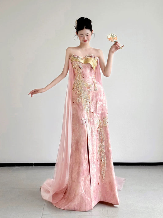 Classy Women's Mermaid Sweetheart Pink Satin Slit Maxi Dress Date Night Outfits Semi Formal Prom Dresses RB5202