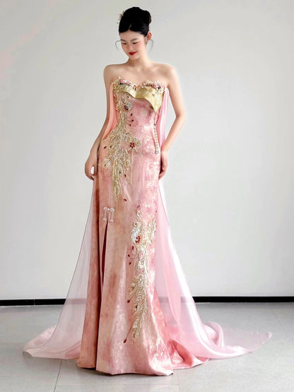 Classy Women's Mermaid Sweetheart Pink Satin Slit Maxi Dress Date Night Outfits Semi Formal Prom Dresses RB5202