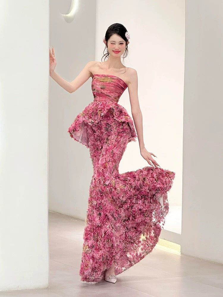 Beautiful Women's Mermaid Strapless Pink Tulle Floral Maxi Dress Date Night Outfits Semi Formal Prom Dresses RB5205