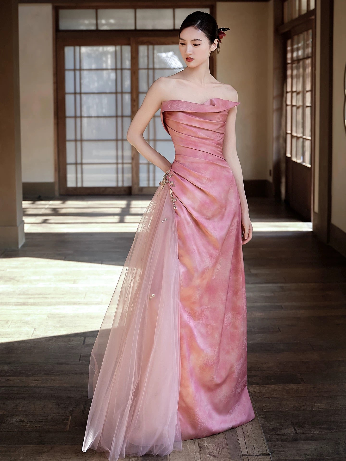 Beautiful Women's Mermaid Strapless Pink Satin Maxi Dress Date Night Outfits Semi Formal Prom Dresses RB5206