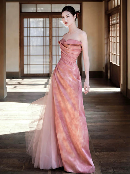 Beautiful Women's Mermaid Strapless Pink Satin Maxi Dress Date Night Outfits Semi Formal Prom Dresses RB5206