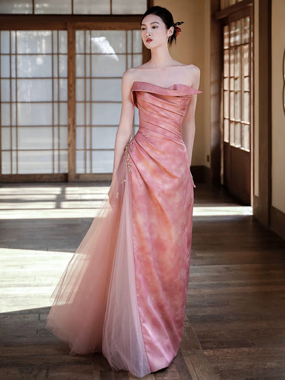 Beautiful Women's Mermaid Strapless Pink Satin Maxi Dress Date Night Outfits Semi Formal Prom Dresses RB5206