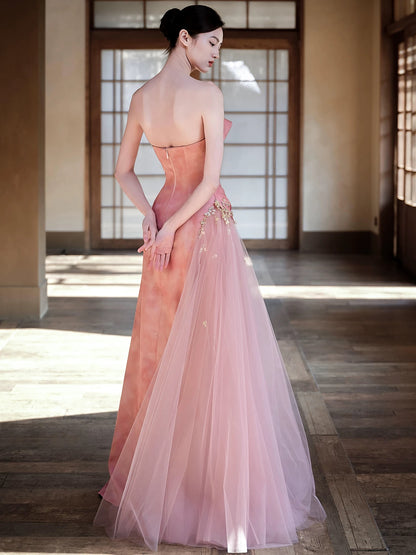 Beautiful Women's Mermaid Strapless Pink Satin Maxi Dress Date Night Outfits Semi Formal Prom Dresses RB5206