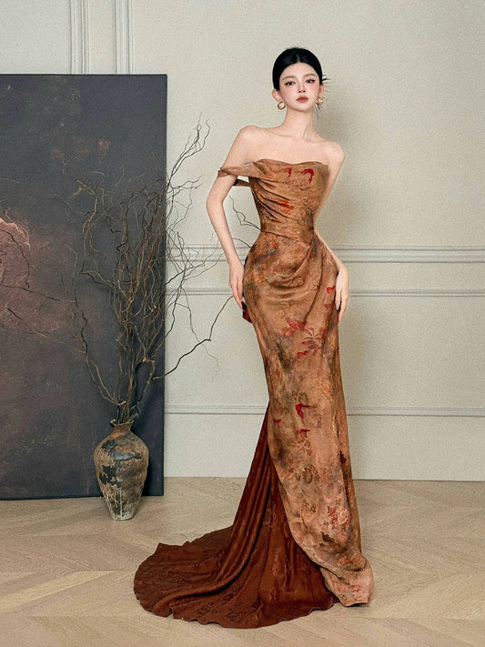 Beautiful Women's Mermaid Strapless Brown Satin Maxi Dress Date Night Outfits Semi Formal Prom Dresses RB5208