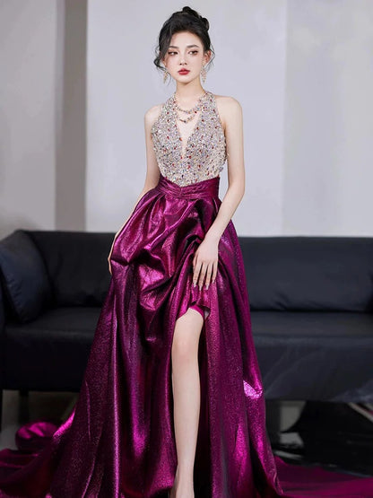 Sparkly A Line V Neck Silver Sequined With Beading Slit Long Prom Evening Dresses Inspo Evening Outfits RB5207