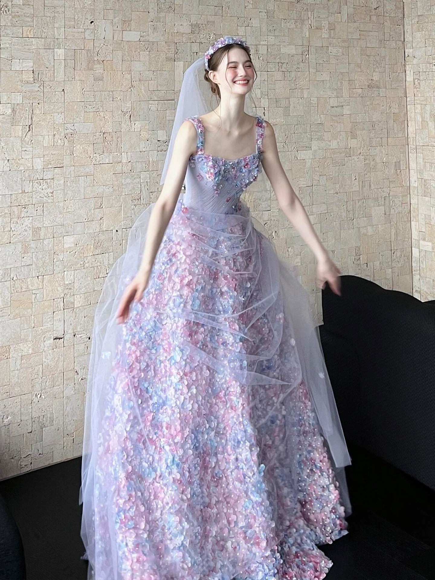 Beautiful Women's A line Square Neck Lilac Tulle Maxi Dress Date Night Outfits Semi Formal Prom Dresses RB5209