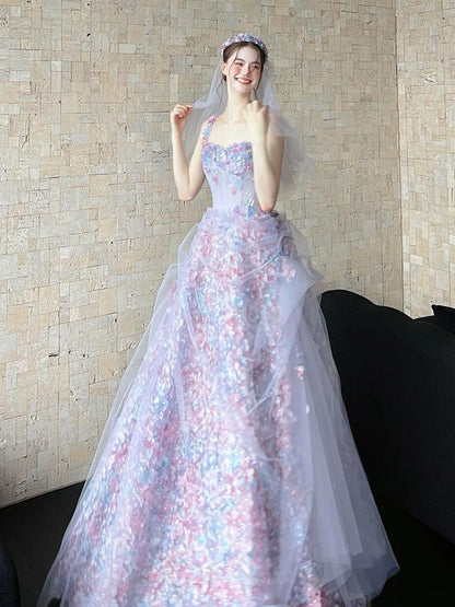 Beautiful Women's A line Square Neck Lilac Tulle Maxi Dress Date Night Outfits Semi Formal Prom Dresses RB5209