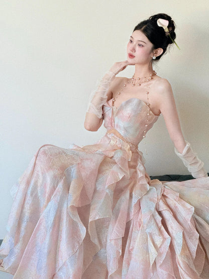 Beautiful Women's A line Sweetheart Pink Maxi Dress Date Night Outfits Semi Formal Prom Dresses RB5211