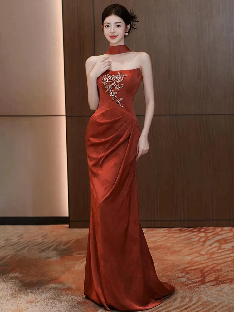 Beautiful Women's Mermaid Strapless Rust Red Maxi Dress Date Night Outfits Semi Formal Prom Dresses RB5213