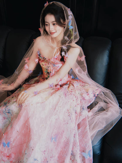 Beautiful Women's A Line Strapless Pink Lace Maxi Dress Date Night Evening Outfit Semi Formal Prom Dresses RB5216