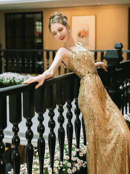 Trendy Mermaid Gold Sequin Long Formal Square Neck Prom Dresses Evening Long Formal Party Outfits RB3757