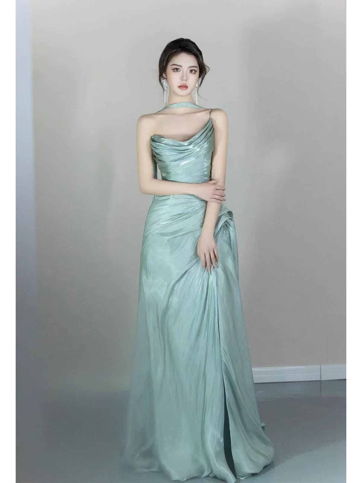 Glam Meerjungfrau Ein-Schulter Abendkleid Mintgrün Ballkleid Lang Semi-Formelles Kleid RB3745