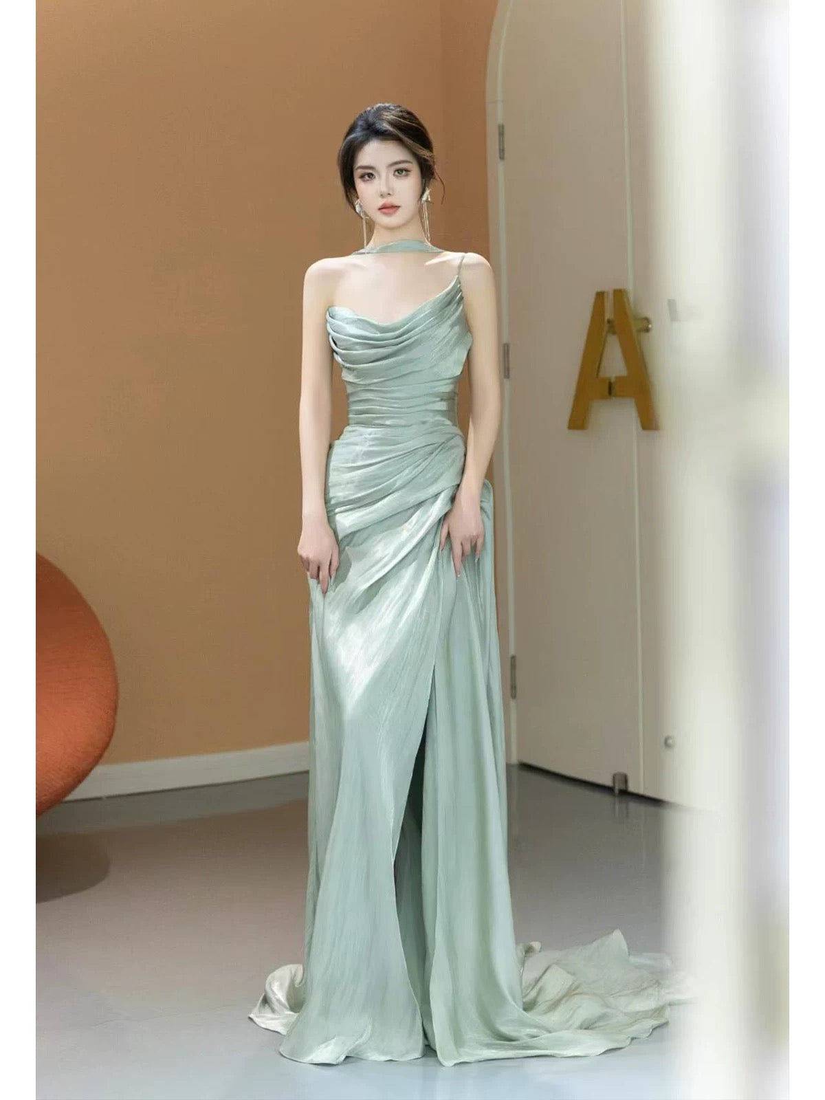 Glam Meerjungfrau Ein-Schulter Abendkleid Mintgrün Ballkleid Lang Semi-Formelles Kleid RB3745