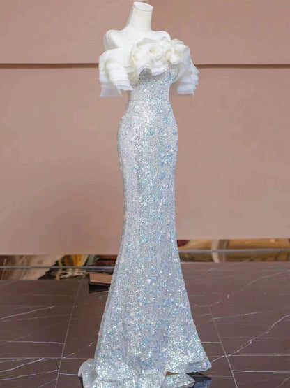 Elegant Prom Dresses Mermaid Off The Shoulder White Sequin Corset Fitted Evening Long Formal Party Outfits RB3728