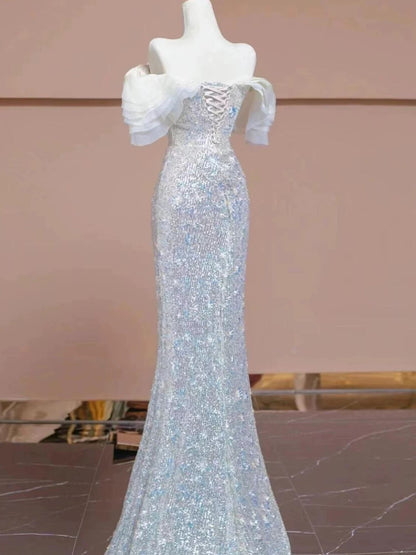 Elegant Prom Dresses Mermaid Off The Shoulder White Sequin Corset Fitted Evening Long Formal Party Outfits RB3728