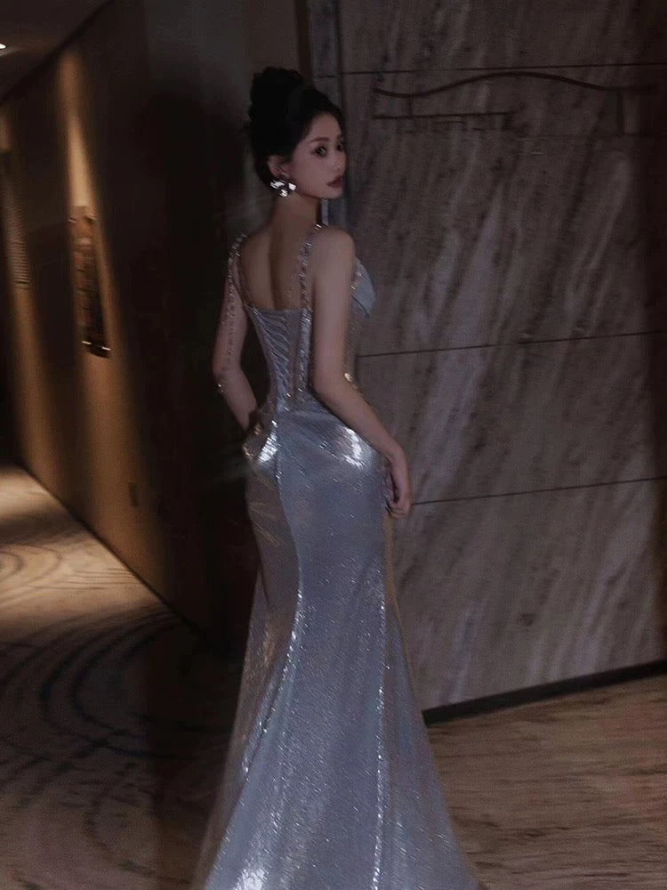 Robes de bal de sirène tendance avec paillettes argentées et ruchées, épaules dénudées, robes de soirée longues formelles RB3747