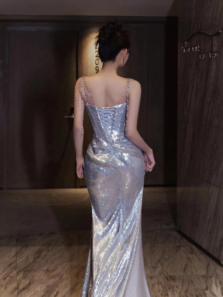 Robes de bal de sirène tendance avec paillettes argentées et ruchées, épaules dénudées, robes de soirée longues formelles RB3747