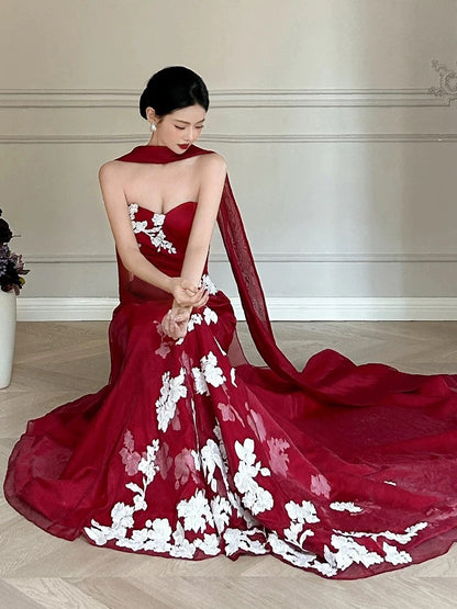 Trendy Mermaid Ruffle Long Formal Sweetheart Red Corset Prom Dresses Evening Long Formal Party Outfits RB3750