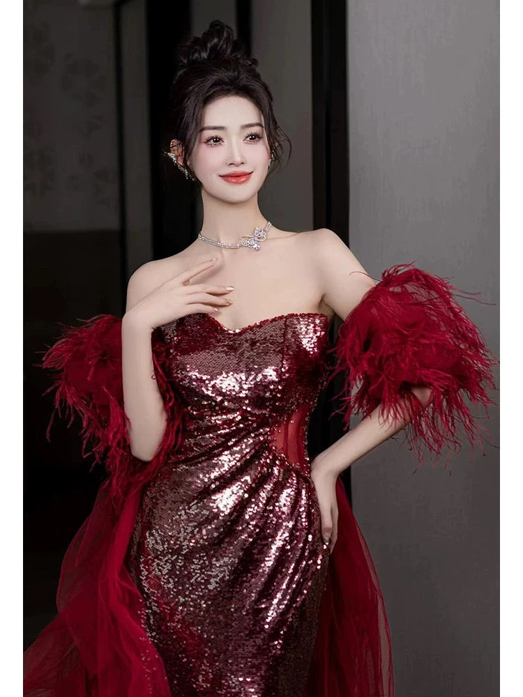 Robe de bal sirène sans bretelles à paillettes bordeaux fendue, tenue de soirée pour 18 ans, RB1781