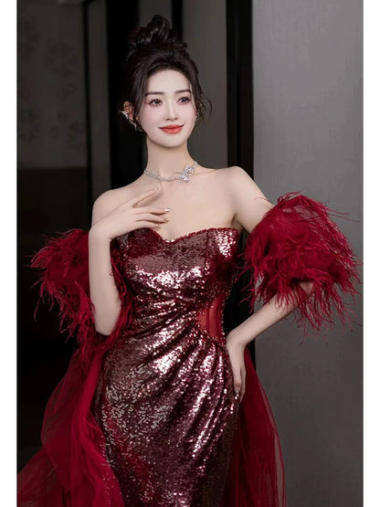 Robe de bal sirène sans bretelles à paillettes bordeaux fendue, tenue de soirée pour 18 ans, RB1781
