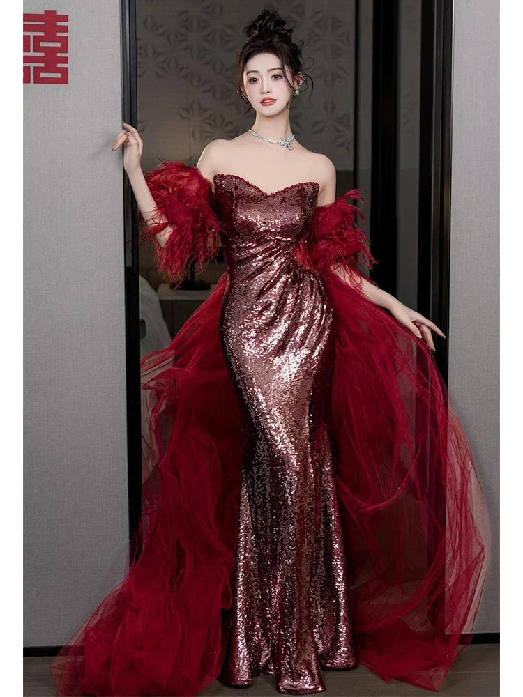 Robe de bal sirène sans bretelles à paillettes bordeaux fendue, tenue de soirée pour 18 ans, RB1781