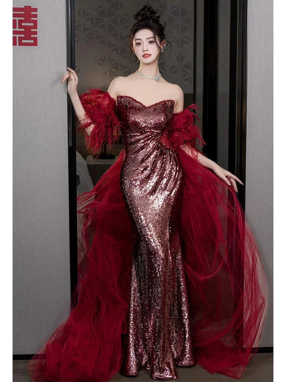 Robe de bal sirène sans bretelles à paillettes bordeaux fendue, tenue de soirée pour 18 ans, RB1781