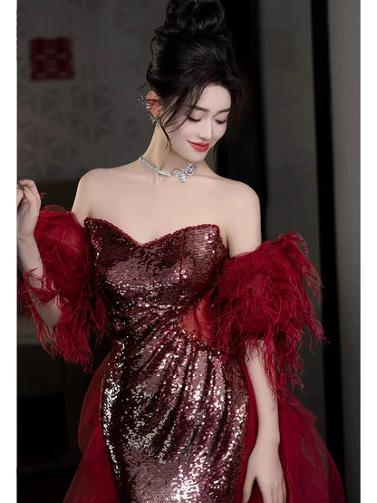 Robe de bal sirène sans bretelles à paillettes bordeaux fendue, tenue de soirée pour 18 ans, RB1781