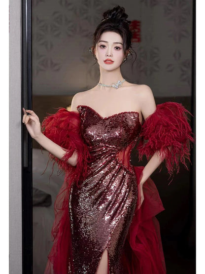 Robe de bal sirène sans bretelles à paillettes bordeaux fendue, tenue de soirée pour 18 ans, RB1781
