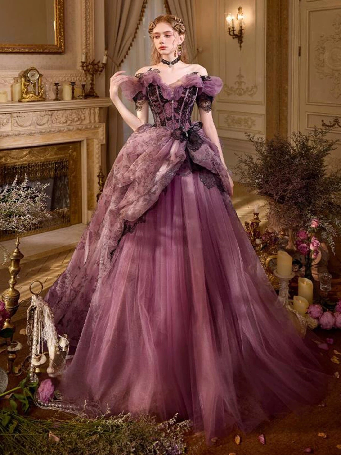 Princess Prom Dresses Ball Gown Off The Shoulder Tulle Grape Sweet 16 Evening Long Formal Dress RB3755