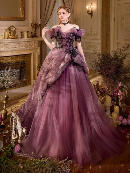 Princess Prom Dresses Ball Gown Off The Shoulder Tulle Grape Sweet 16 Evening Long Formal Dress RB3755
