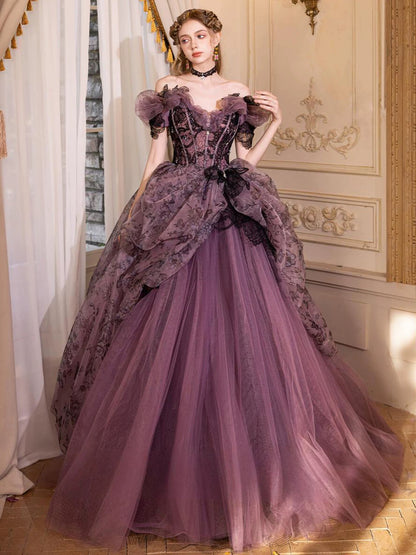 Princess Prom Dresses Ball Gown Off The Shoulder Tulle Grape Sweet 16 Evening Long Formal Dress RB3755