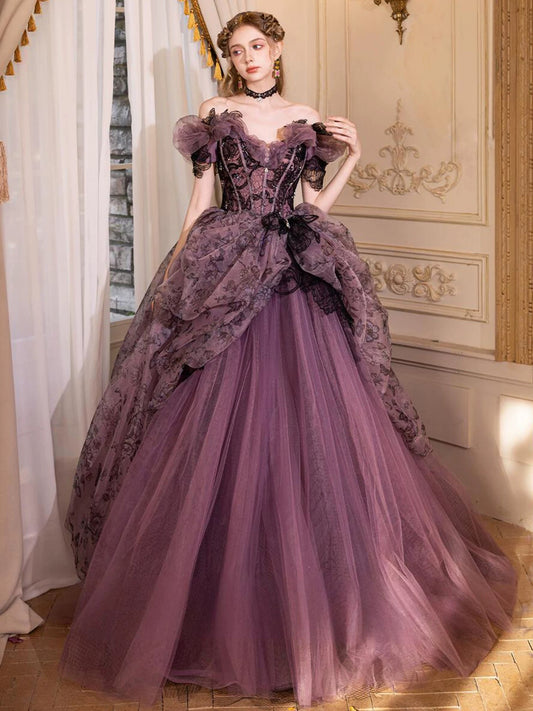 Princess Prom Dresses Ball Gown Off The Shoulder Tulle Grape Sweet 16 Evening Long Formal Dress RB3755