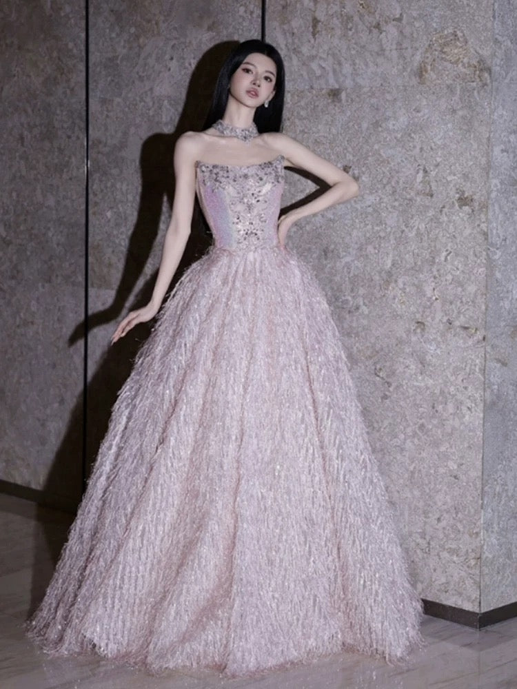 Princess Prom Dresses Ball Gowns Strapless Pink Beading Evening Long Formal Dress N4295