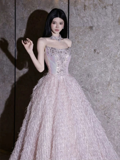 Princess Prom Dresses Ball Gowns Strapless Pink Beading Evening Long Formal Dress N4295