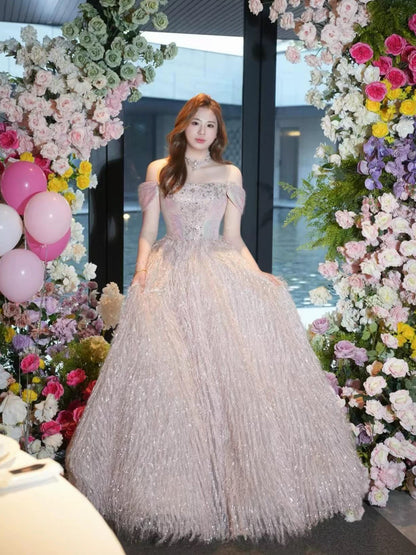 Princess Prom Dresses Ball Gowns Strapless Pink Beading Evening Long Formal Dress N4295